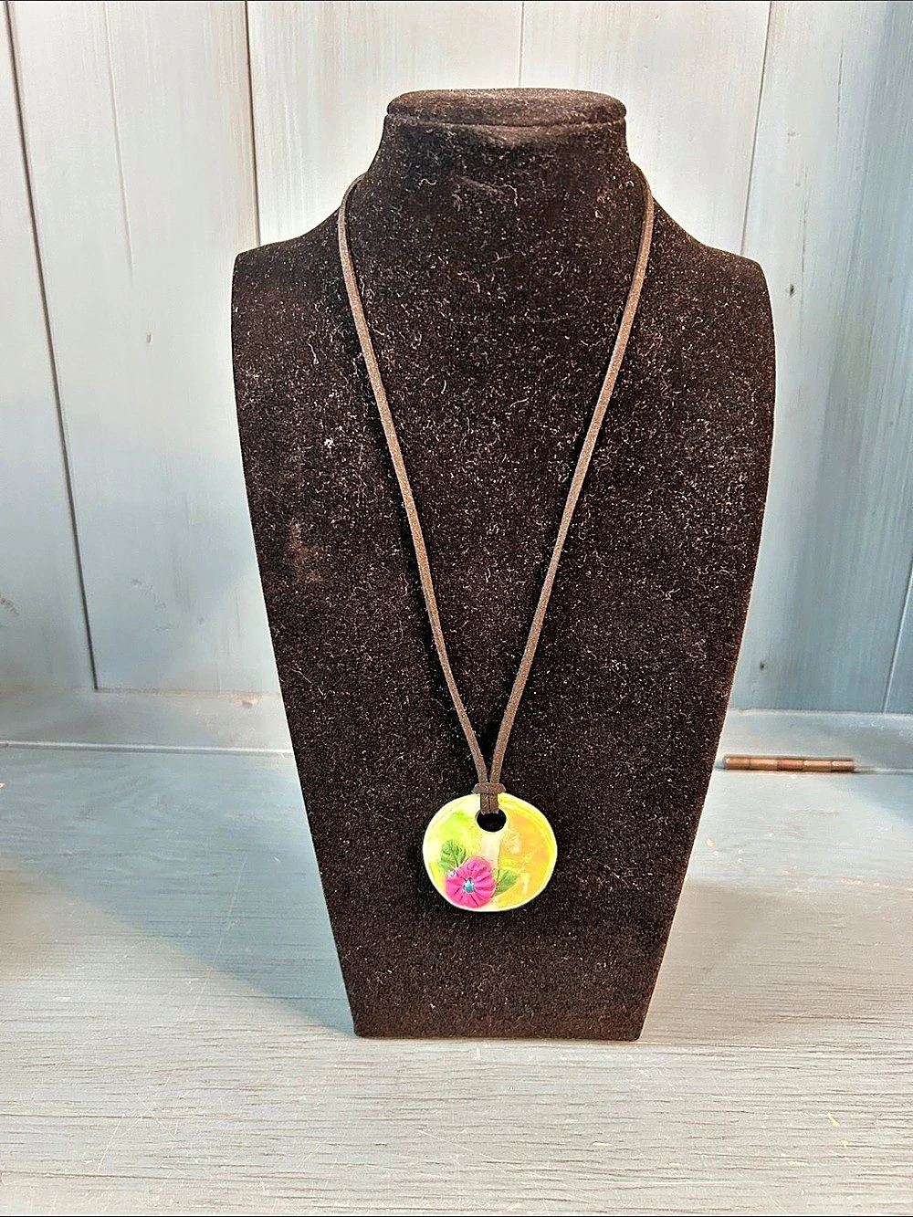 Handmade Green & Yellow Flower Pendant Necklace on Black Cord
